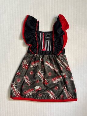 Baby girls boutique thin red line fire truck dress size 6-12 months ruffle strap